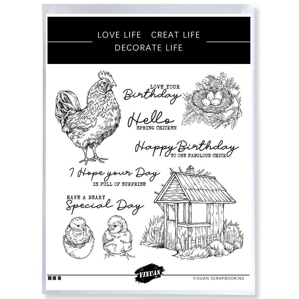 Cock chick and eggs vintage clear stamp yx â