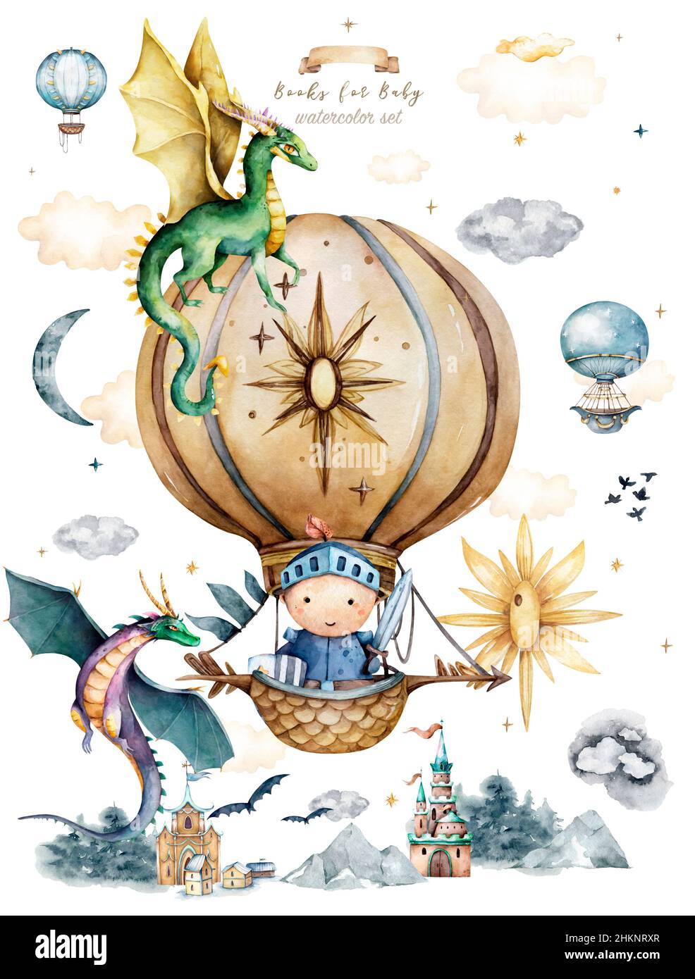 Dragons prince and princess mystical story balloons outdoor activities castle rainbow sunny day vintage style watercolor pastel color stock photo