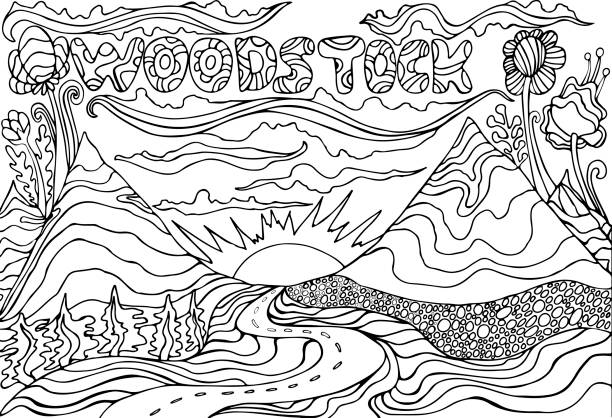 Coloring page with the inscription woodstock and landscape with mountains the sun and the road going into the sunset vector hand drawn illustrations doodle cartoon style fantasy psychedelic art stock illustration