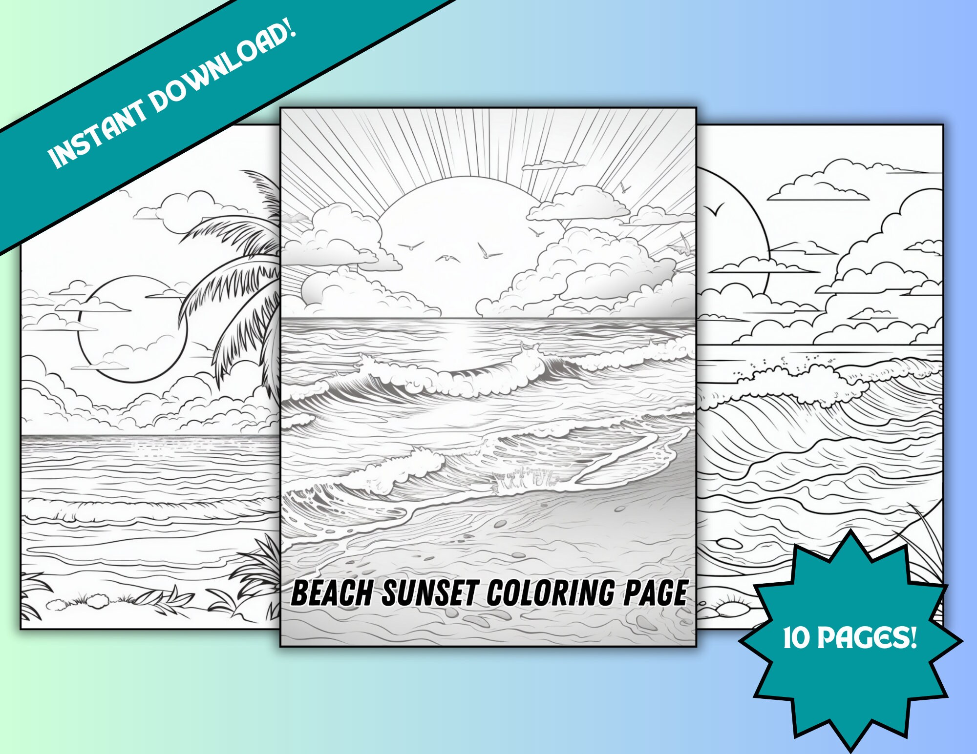 Tranquil beach sunset coloring pages printable ocean and