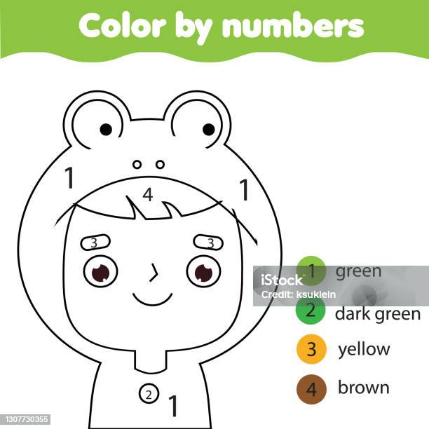 Superkid boy in superhero costume coloring page for kids educational children game color by numbers activity stock illustration
