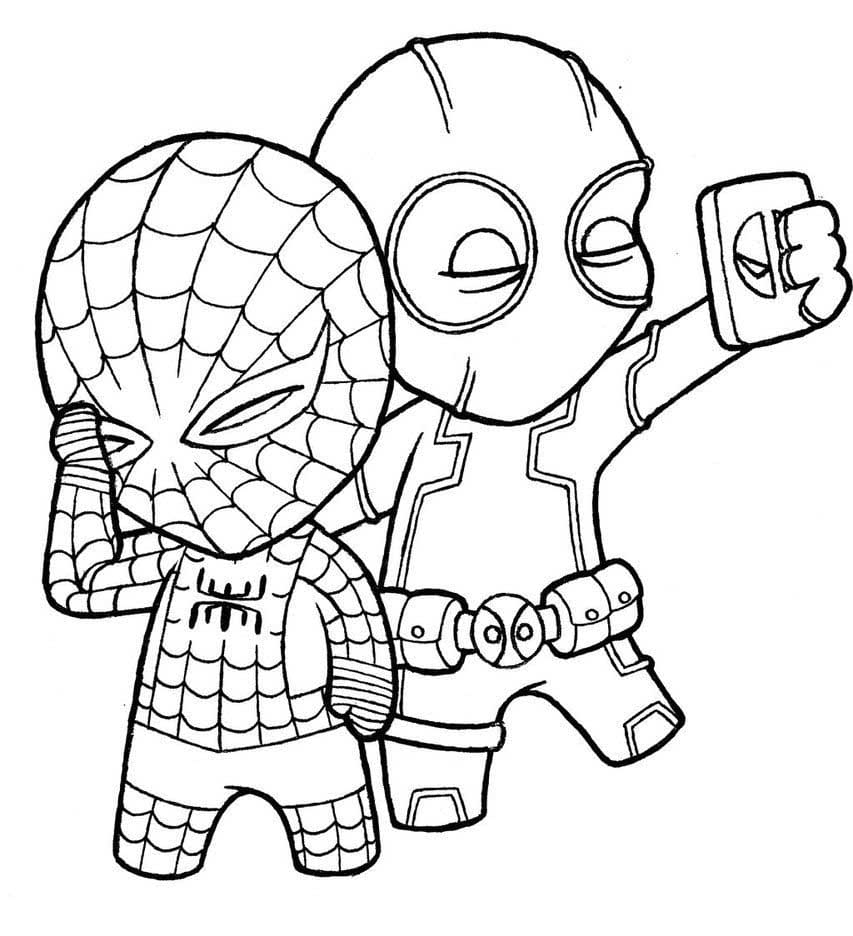Chibi superman and deadpool coloring page