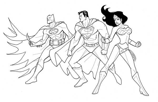 Batman superman and wonder woman in justice league coloring page