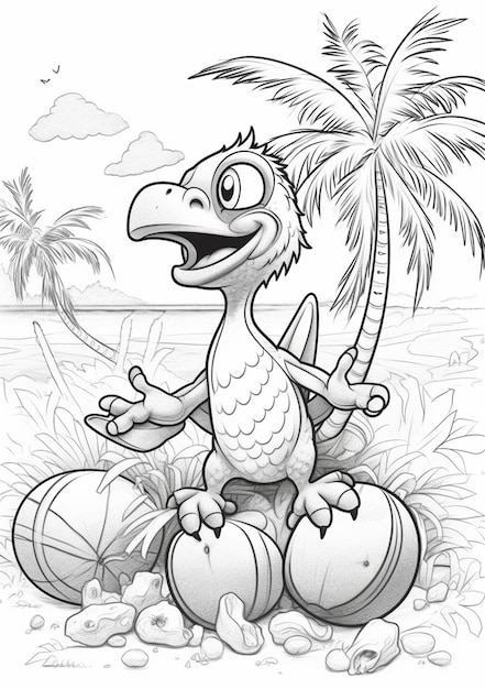 Premium ai image coloring pages of a bird sitting on a beach with a ball generative ai