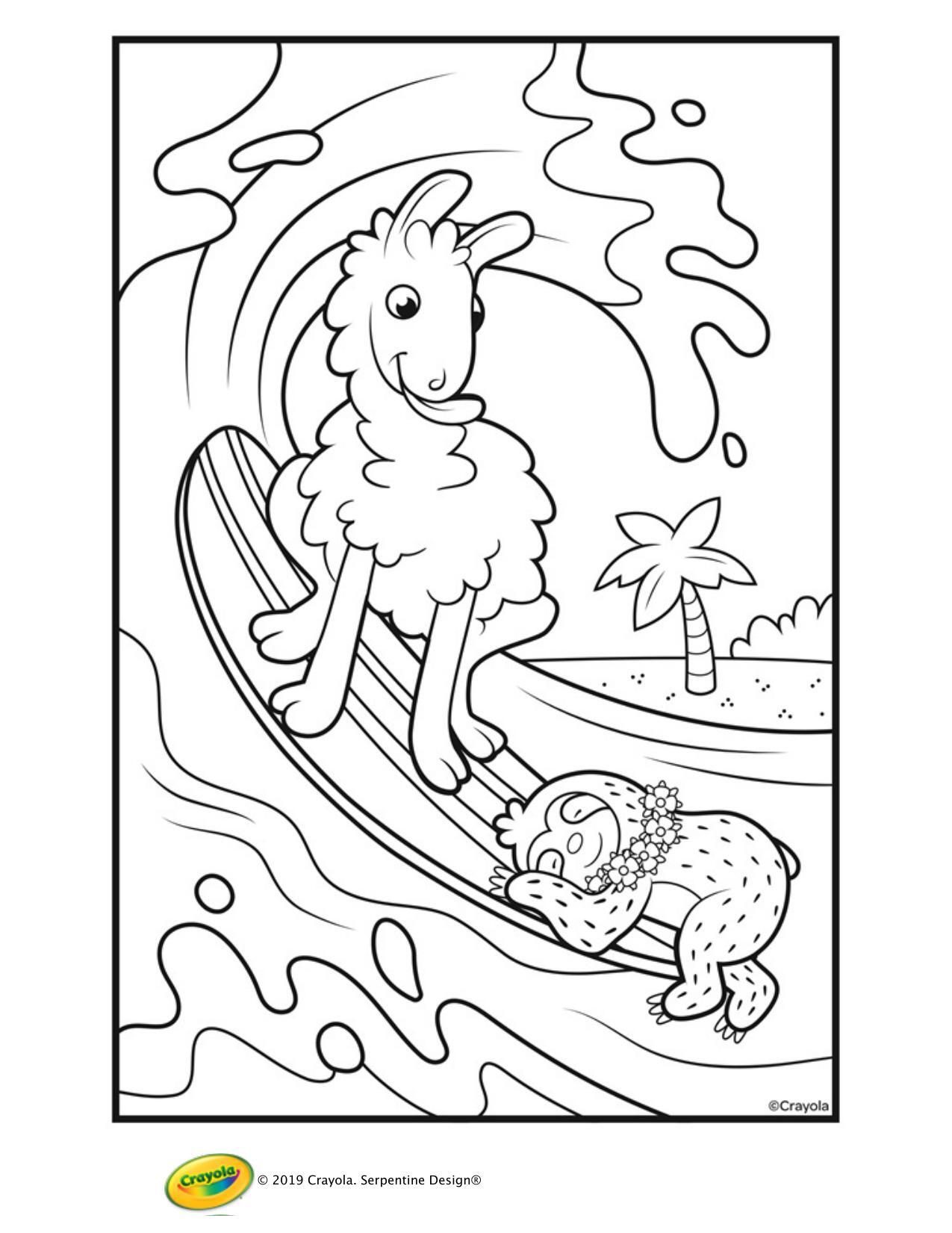 Nada sloths love llamas surfs up colouring page