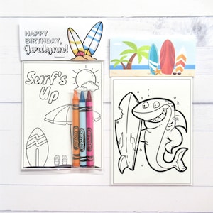 Surf coloring pages and crayons bag child surf party favors surfing themed party