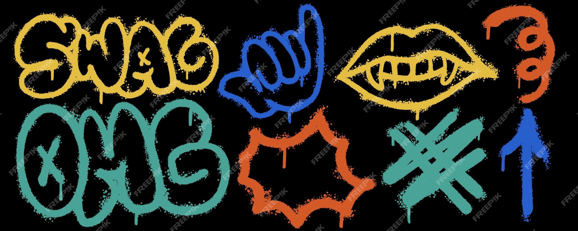 Premium vector set graffiti color spray paint collection of swag lips hastag arrow omg isolated vector