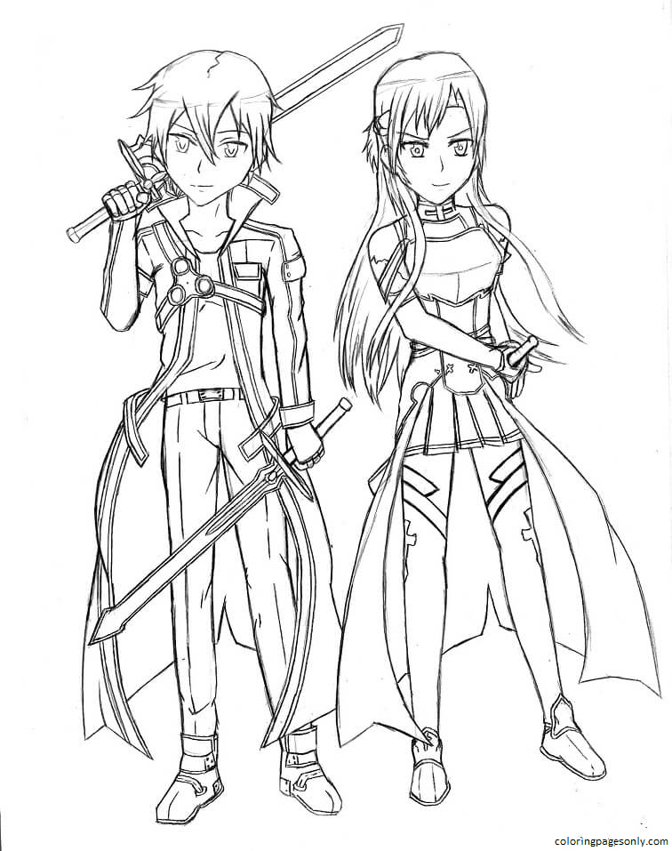 Kirito and asuna from sword art online coloring page