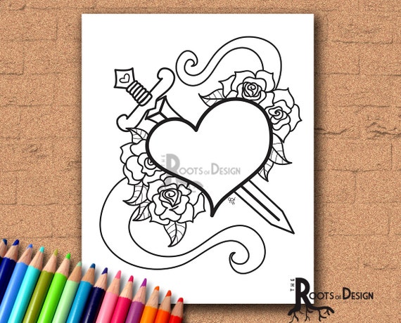 Instant download coloring page heart with sword coloring print doodle art printable