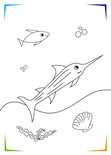 Premium vector black and white swordfish seaweed shell coloring page for kids marine underwater inhabitants vector illustration printable for kids worksheet for children coloring book black outlines sea life