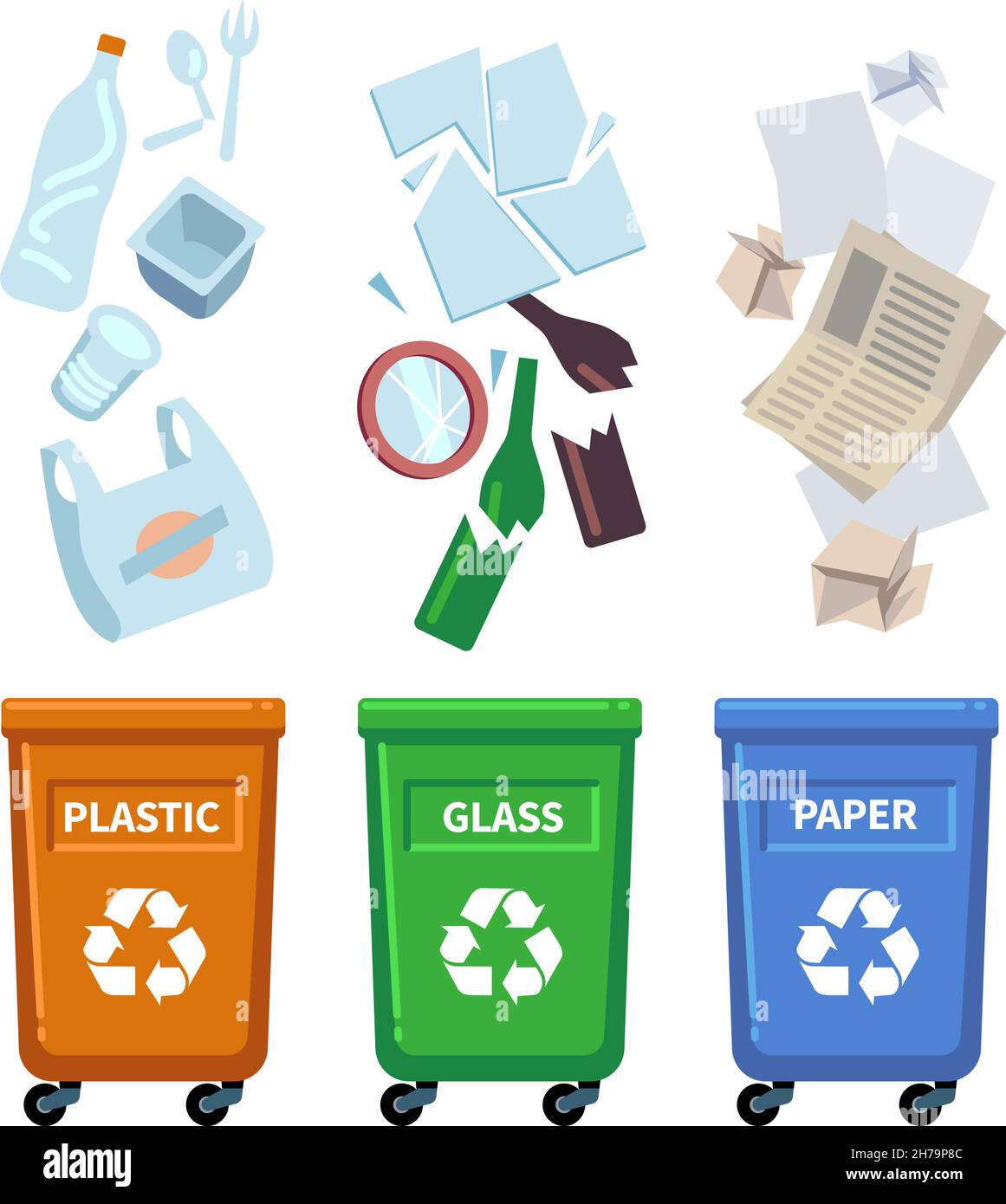 Contenedor de riduos los diferent tipos de basura colorean los contenedor para clasificar los dechos recoja el plãstico de vidrio de reciclaje y la basura de papel basura cayendo en la basura