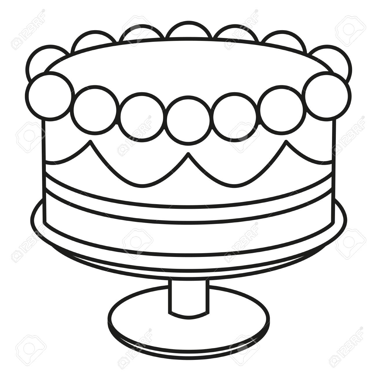 Line art black and white birthday cake on stand coloring page for adults and kids sweet food vector illustration for icon sticker sign certificate badge gift card label poster flayer invitation royalty