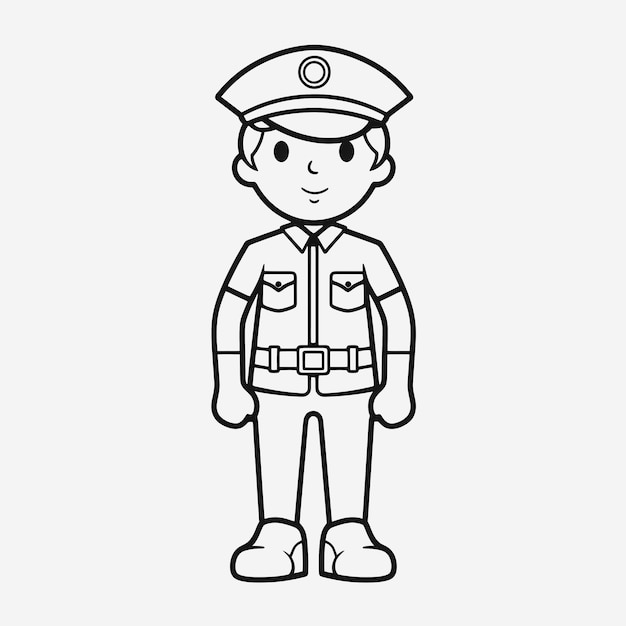 Premium photo black and white coloring page flat vector illustration of a cute policeman for kids