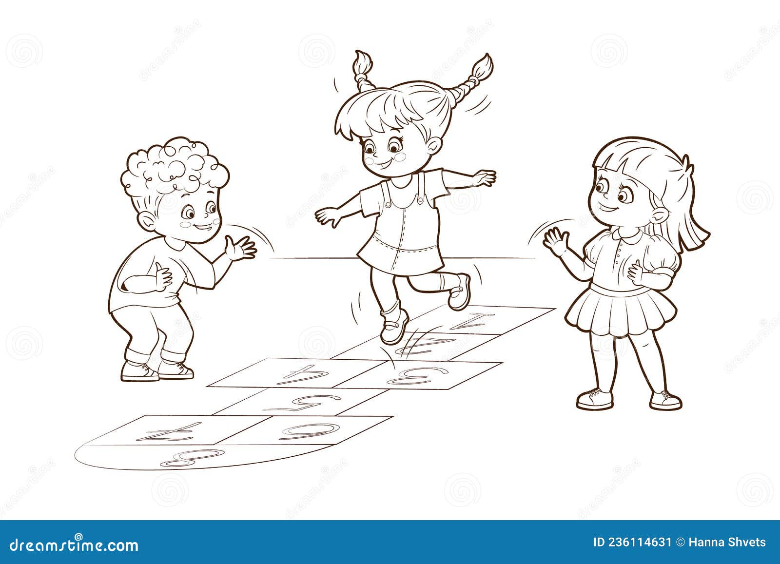 Coloring book two girls and a boy are jumping playing hopscotch vector illustration in cartoon style black and white stock vector
