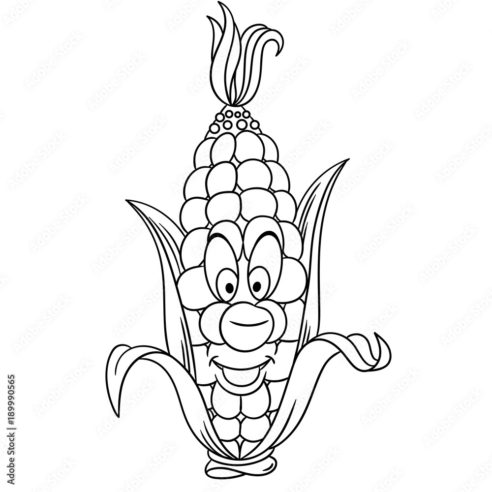 Coloring page cartoon corn happy vegetable character eco food symbol design element for kids coloring book t