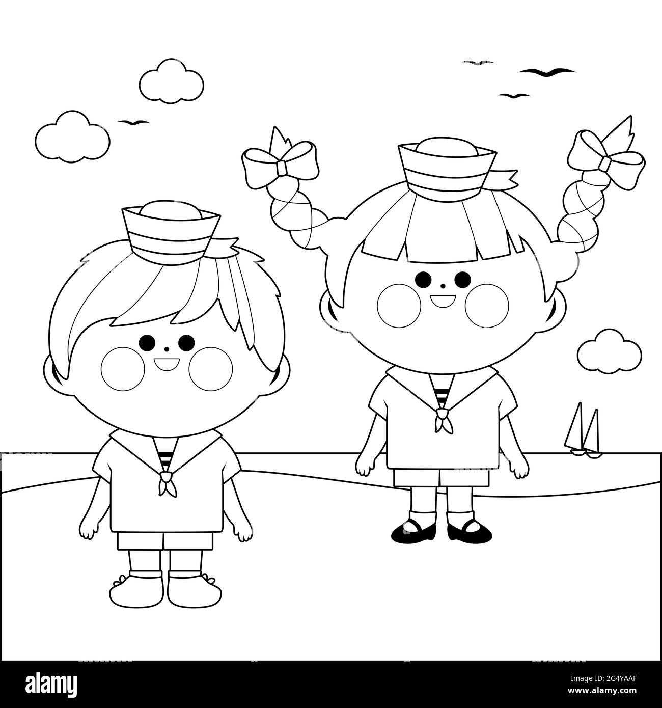Sailor boy and girl at the beach black and white coloring page stock photo