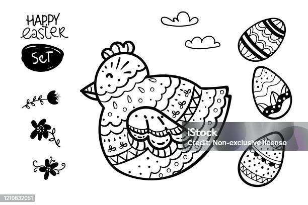 Black and white hen easter egg collection set poster coloring book page for adults and kids