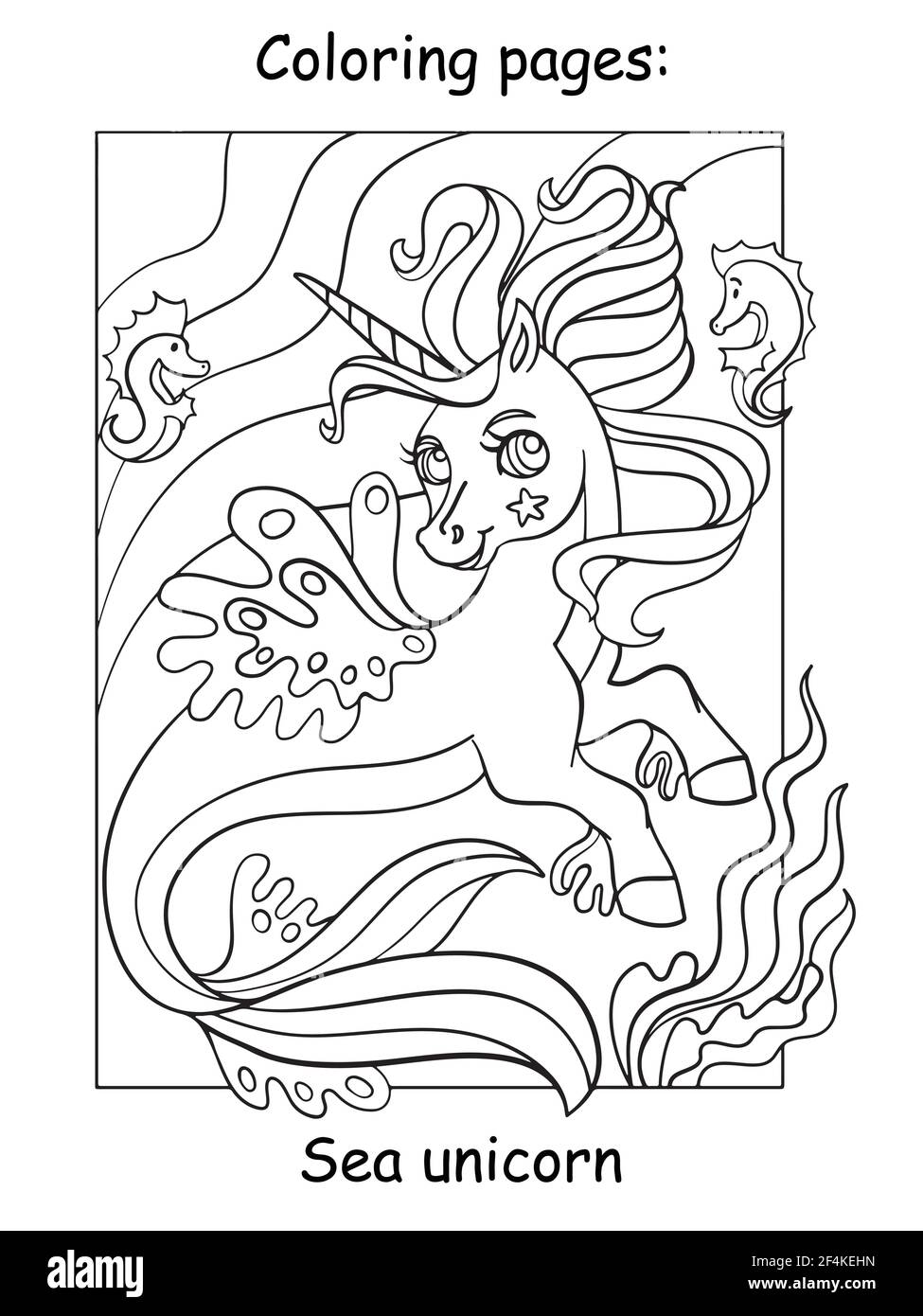 Cute sea unicorn with long mane and tail coloring book page for children vector cartoon illustration isolated on white background for coloring book stock vector image art