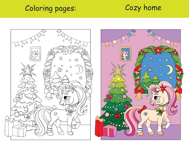 Unicornio lindo y divertido en una casa acogedora con un ãrbol de navidad pãgina de libro para colorear con plantilla de color ilustraciãn de dibujos animados vectorial para niãos colorear tarjeta imprimir