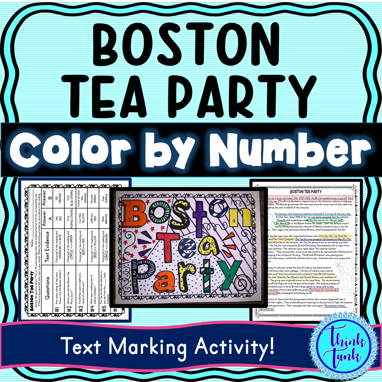 Boston tea party color by number reading passage and text marking