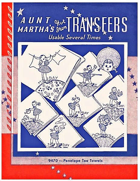 Embroidery transfer pattern penelope tea towels aunt marthas â the vintage teacup