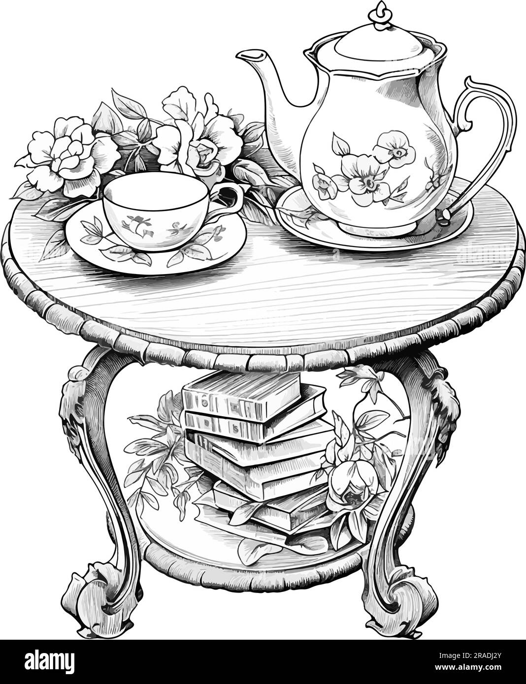 A cup of tea or coffee teapot books flowers on tablecloth wooden table doodle cottagecore isolated illustration for coloring book pages stock vector image art