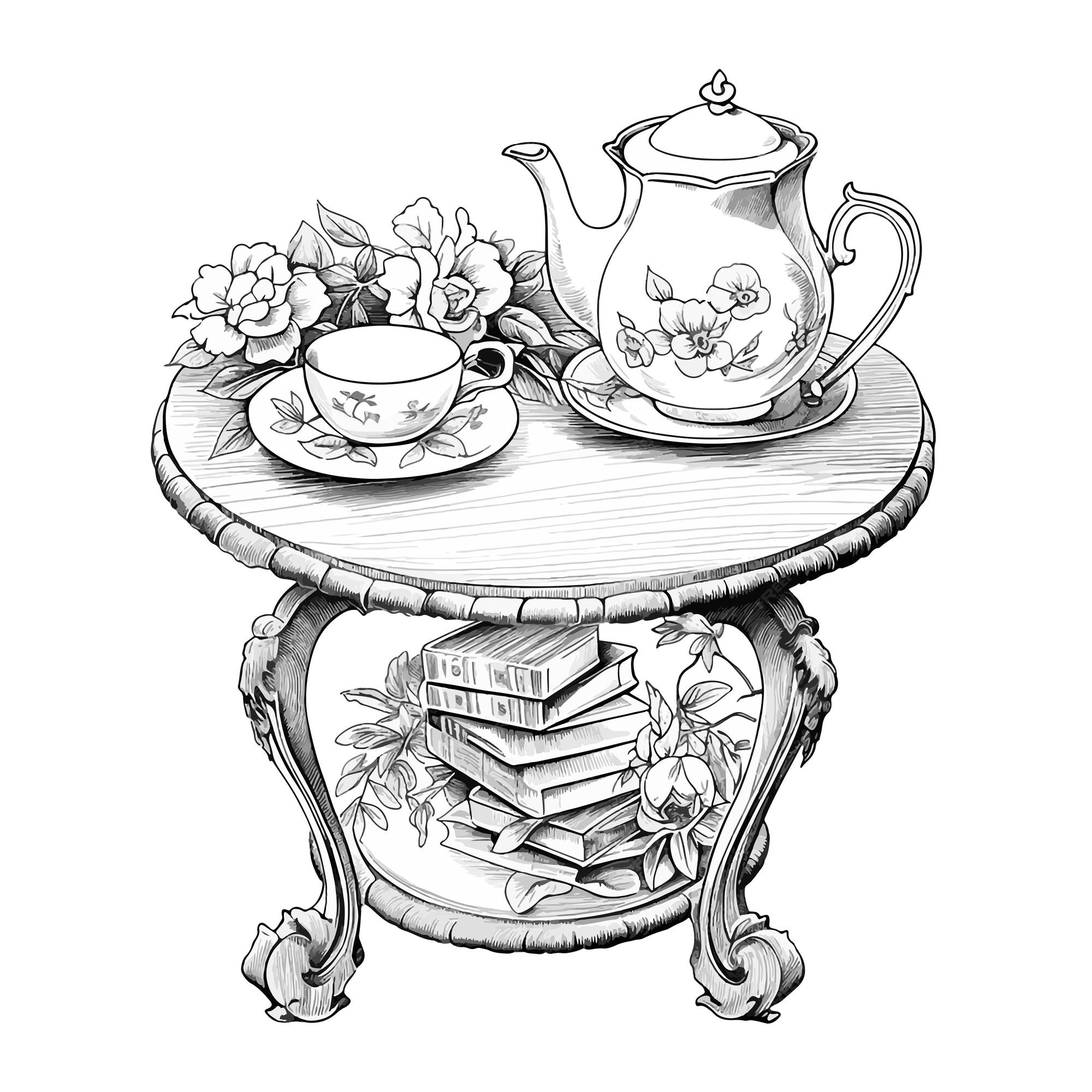 Premium vector a cup of tea or coffee teapot books flowers on tablecloth wooden table doodle cottagecore isolated illustration for coloring book pages