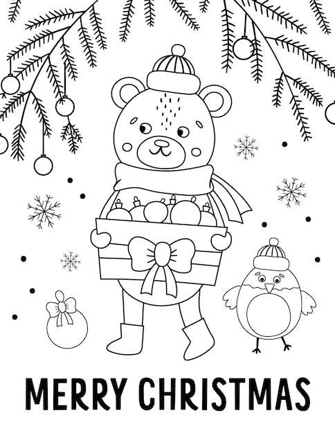 Premium vector vector black and white bear in hat and scarf with box of christmas balls and fir tree twigs cute winter animal line illustration funny christmas card design new year