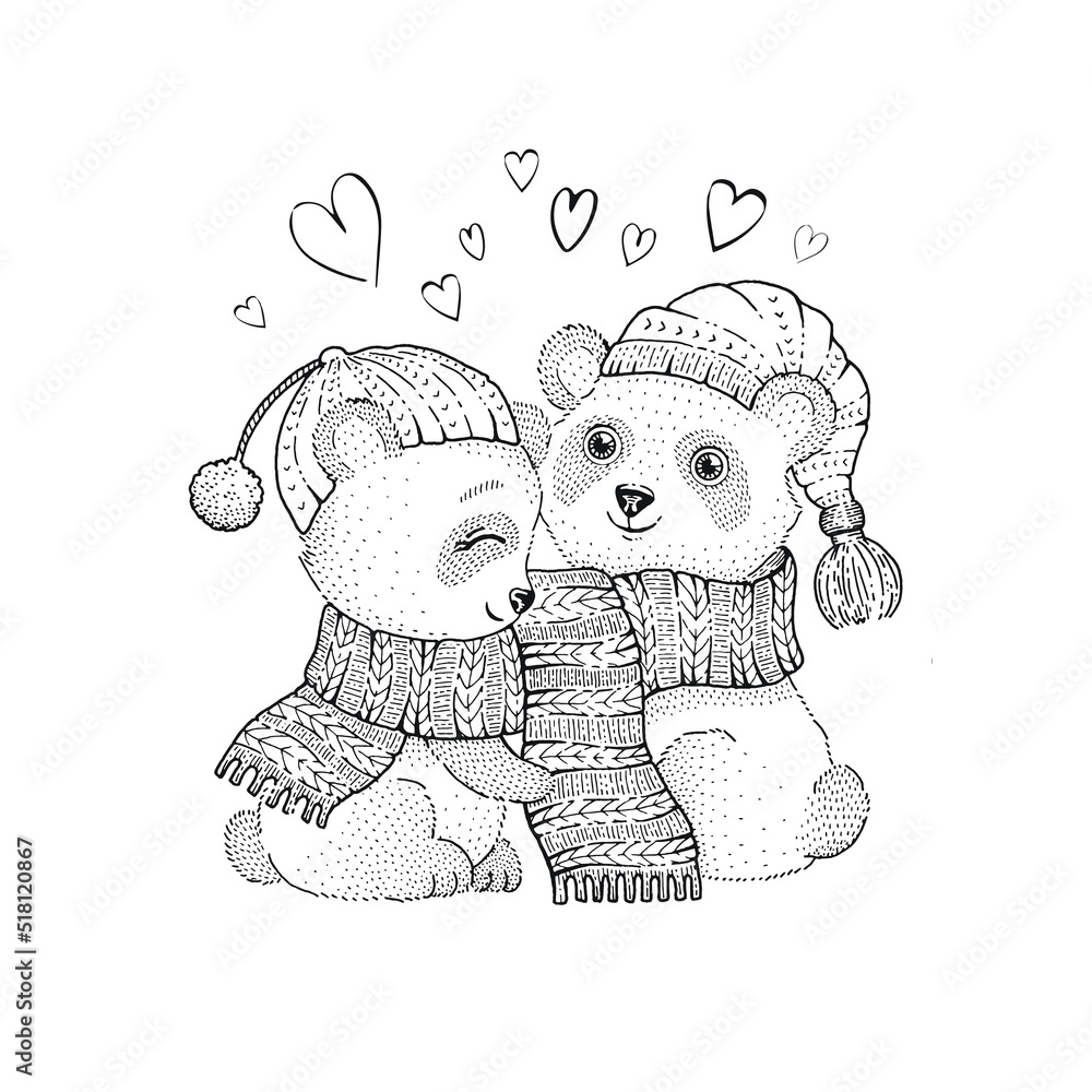 Christmas panda love teddy bear vector animal cuddle cartoon cute panda bears in scarf hat heart cool background happy friendship hug christmas friend card winter family coloring book couple vector