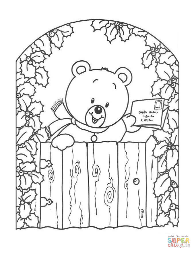 Teddy bear with christmas greeting card coloring page free printable coloring pages