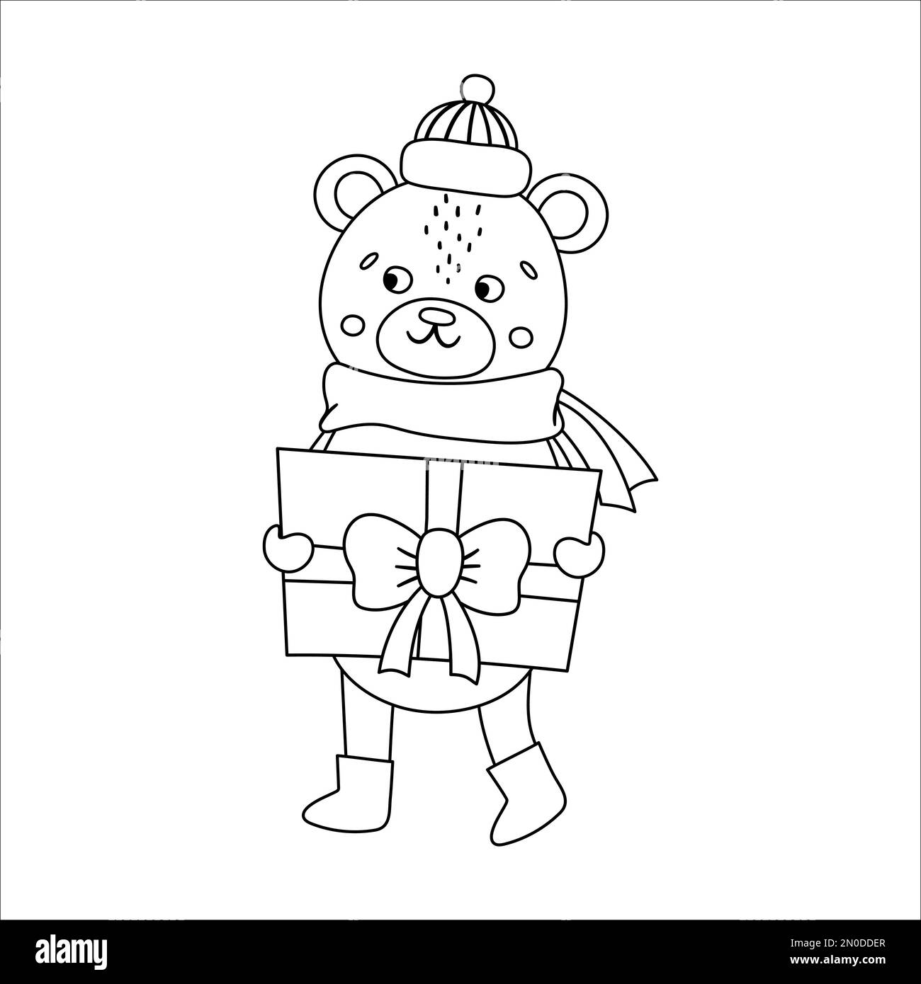 Vector black and white bear in hat and scarf with gift box cute winter animal line illustration with present in hands funny christmas card design n stock vector image art