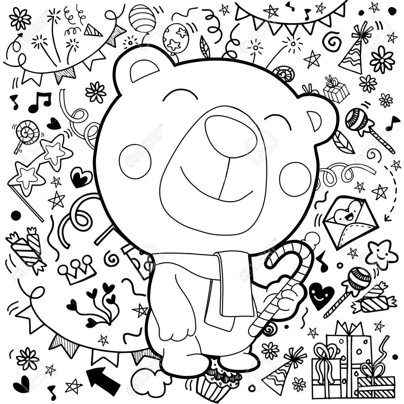 Christmas card of polar bear with scarf christmas decorations background greeting cardmerry christmas happy new year pattern for adult coloring book flat design vector illustration royalty free svg cliparts vectors and