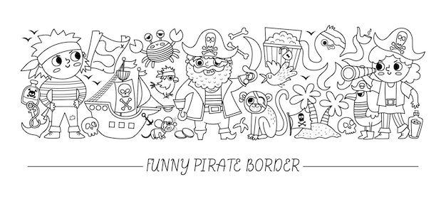 Premium vector vector black and white horizontal border set with cute pirates and animals line sea adventures card template design cute treasure island border or coloring page with crab captain sailors