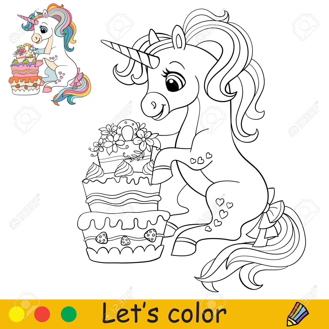 Cartoon cute sitting unicorn with cake coloring book page with colorful template for kids vector isolated illustration for coloring book print game education party design decor apparel royalty free svg cliparts vectors