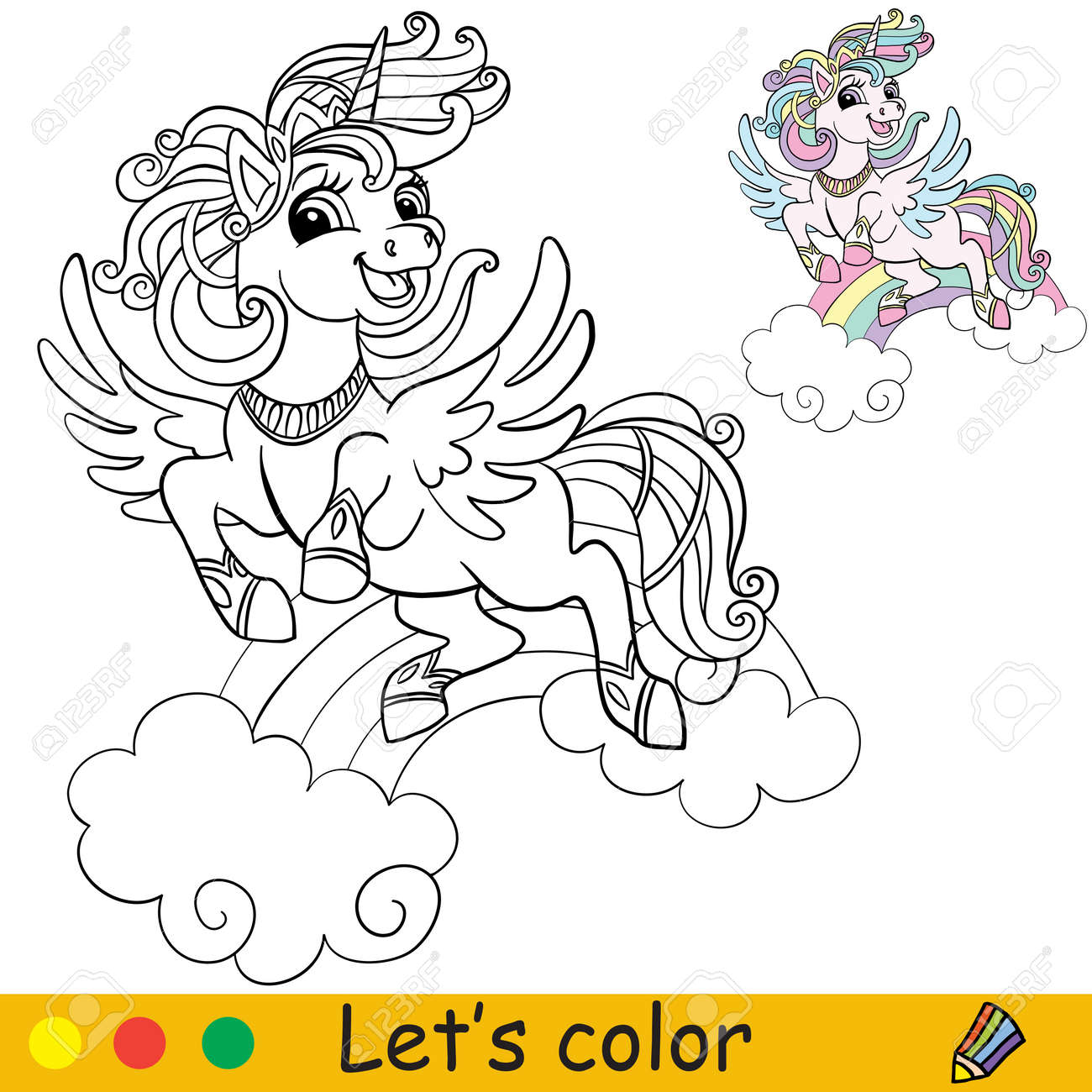 Cute unicorn head with bridle coloring book page with color template vector cartoon illustration for kids coloring card print design decor and puzzle royalty free svg cliparts vectors and stock illustration image