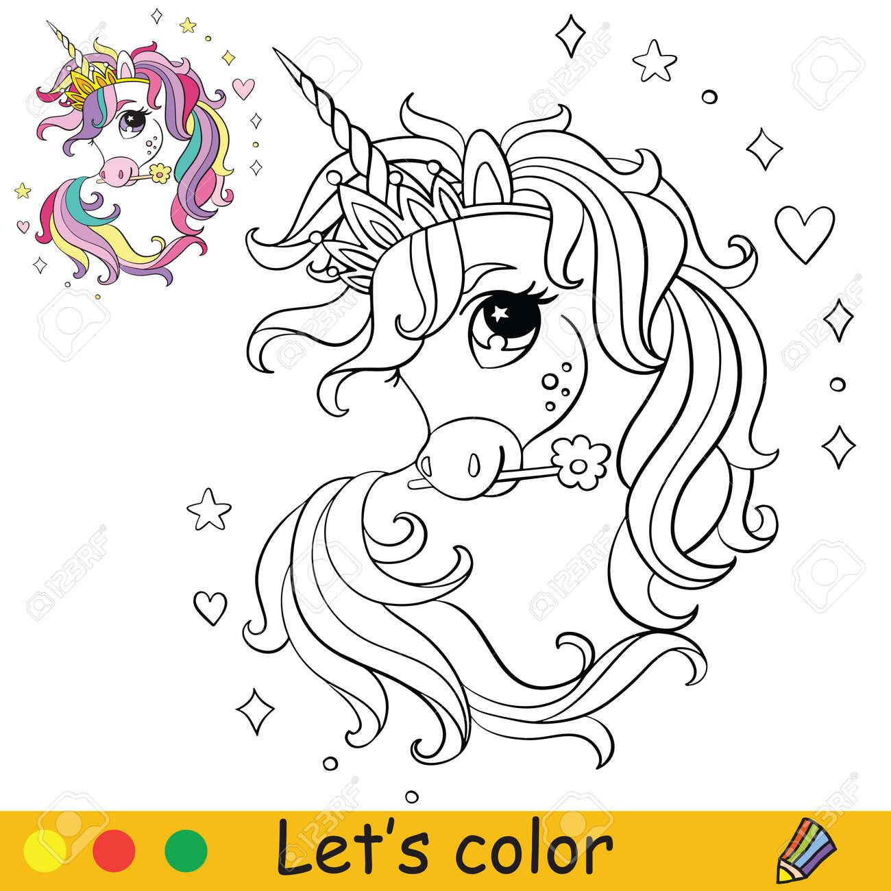 Cute little head of unicorn coloring book page with colorful template vector cartoon illustration isolated on white background royalty free svg cliparts vectors and stock illustration image
