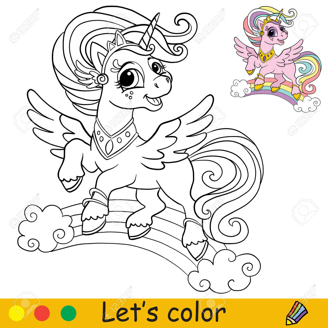 Cute flying unicorn princess coloring book page with color template vector cartoon illustration for kids coloring card print design decor and puzzle royalty free svg cliparts vectors and stock illustration image