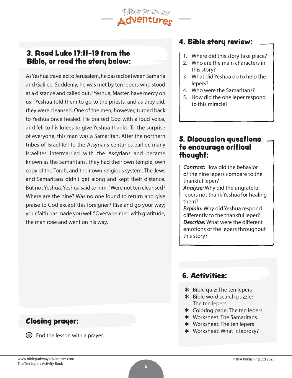Miracles of the bible ten lepers workbook