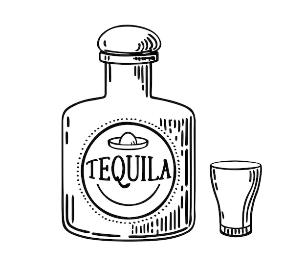 Premium vector hand drawn bottle of tequila with a glass glass bottle with strong drink vintage mexican tequila