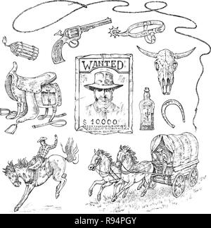 Set of cowboys western icons texas ranger equipments wild west portrait of a criminal man sheriff and saddle skull of a bull whip and revolver trap vintage engraved hand drawn sketch stock