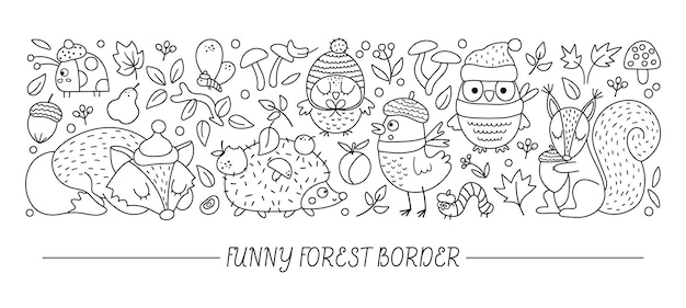 Premium vector vector black and white horizontal border set with cute animals and autumn forest elements thanksgiving line card template design with woodland characters funny fall borderxa