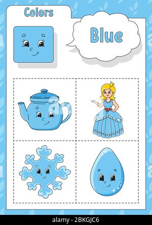Blue educational worksheet for kids learning the color blue set stock vector image art