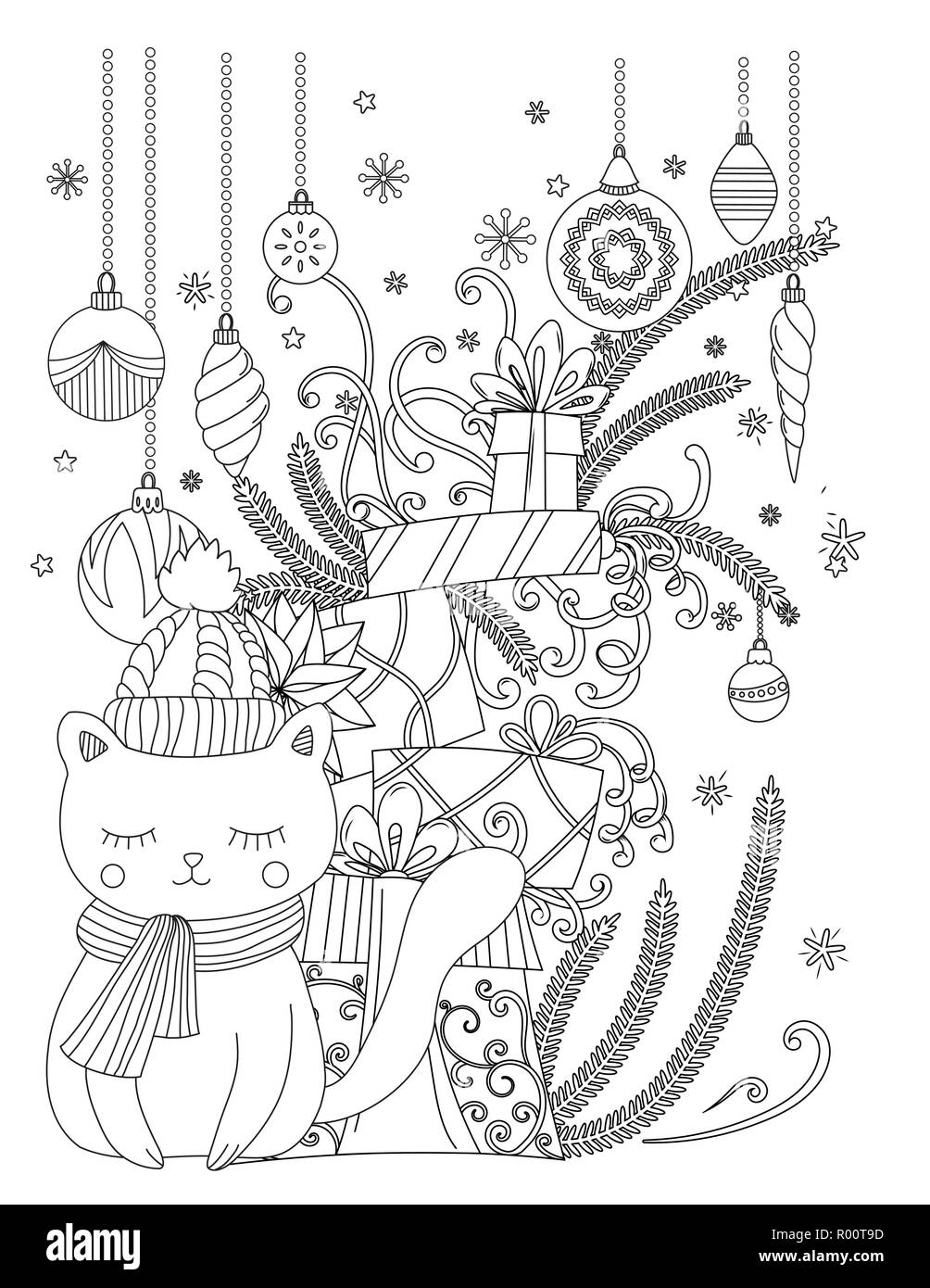 Christmas coloring page for kids and adults cute cat with scarf and knitted cap pile of holiday presents hand drawn vector illustration stock vector image art