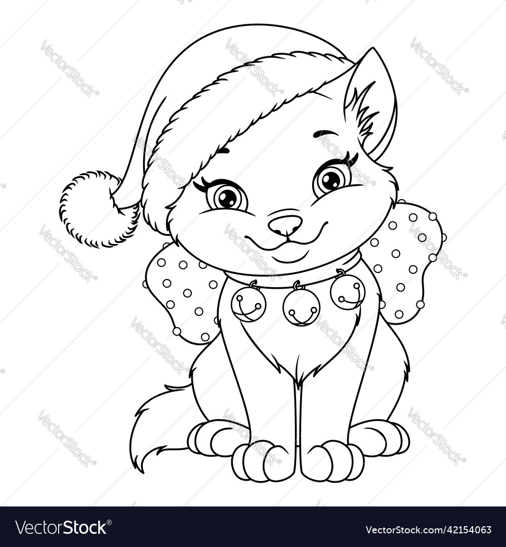 Christmas cat with santa hat coloring page vector image