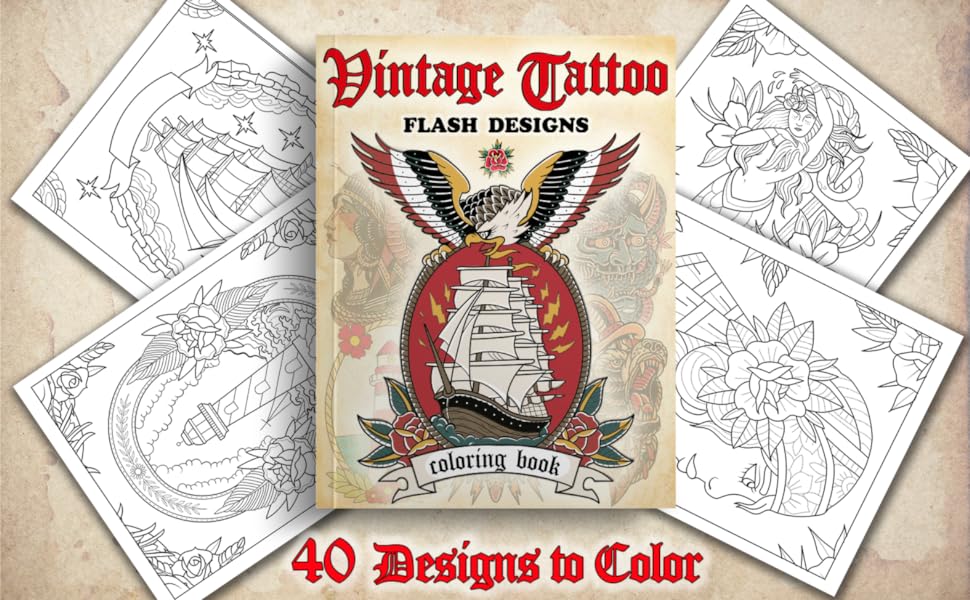 Vintage tattoo flash coloring book stress