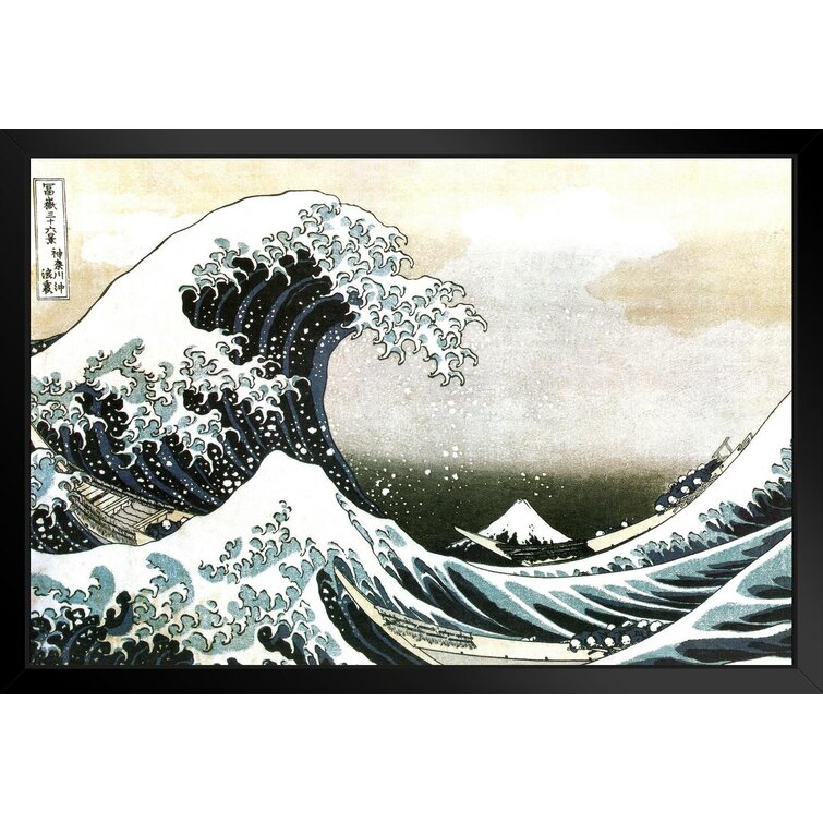 Red barrel studio the great wave of kanagawa katsushika hokusai japanese art print wall decor ocean waves off painting replica for dorm room decor or home room kitchen artistic black wood framed
