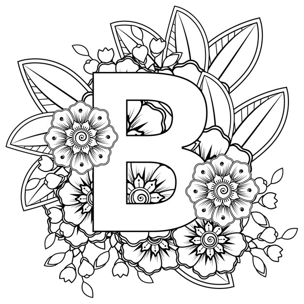 Premium vector letter b with mehndi flower decorative ornament in ethnic oriental style coloring book page