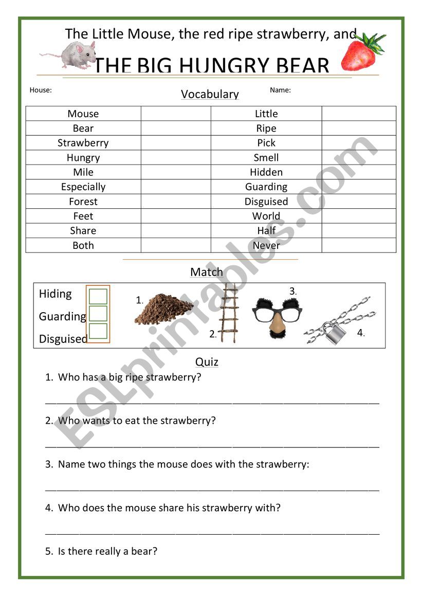 English worksheets the little mouse the red ripe strawberry and the big hungry bear
