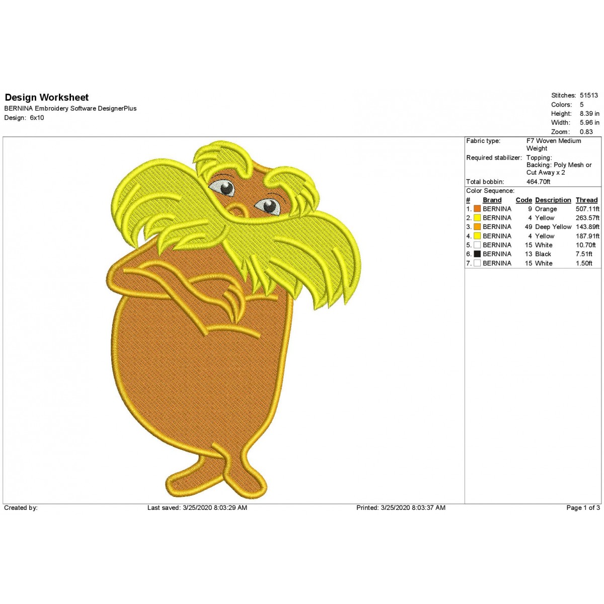 The lorax dr seuss filled embroidery design