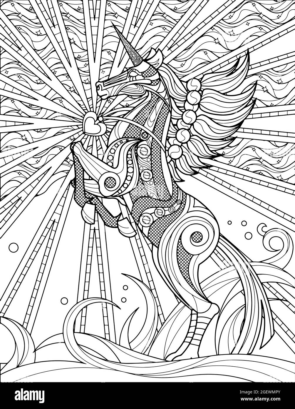Prancing unicorn colorless line drawing with shining heart symbol mythical horned horse prances with love sign coloring book page idea stock vector image art
